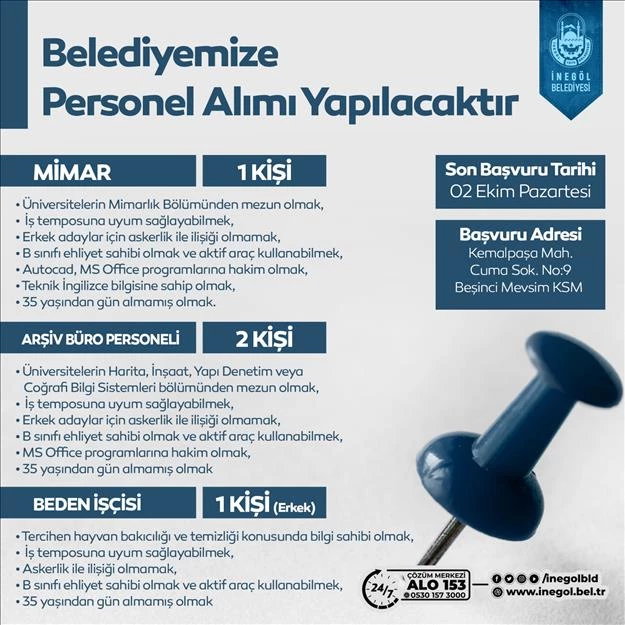 İnegöl Belediyesi Mimar, Büro Personeli Ve Beden İşçisi Alacak