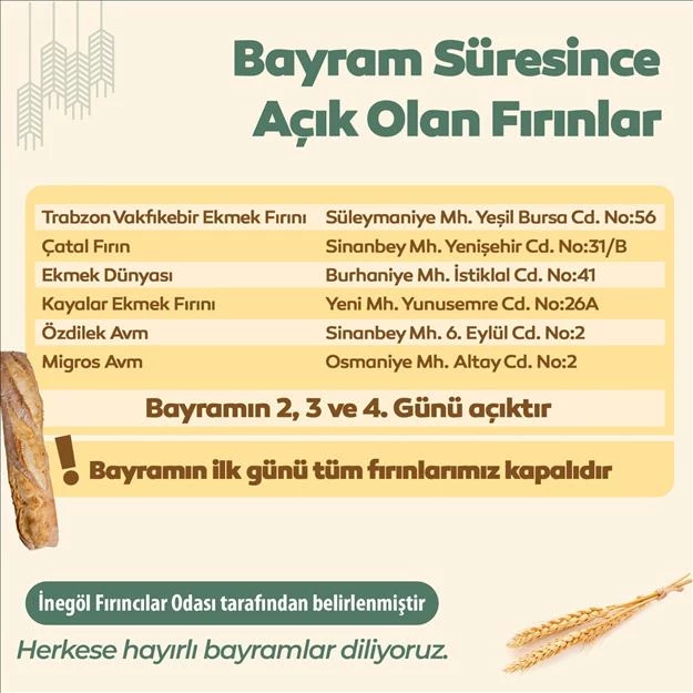 İnegöl’de Kurban Bayramının Nöbetçi Fırın Listesi Belli Oldu