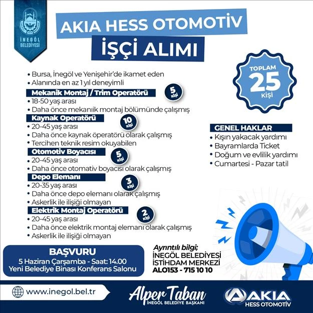 Akıa Hess Otomotiv 25 Personel Alacak